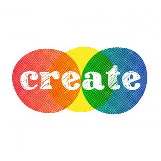 create in white text overlayed on top of three overlapping circles colored red, yellow, and blue.