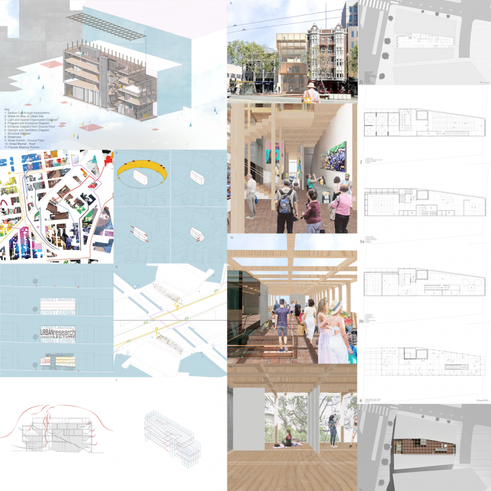 Collage of images showing architectural representation of the exterior and interior of an urban institute in San Francisco.