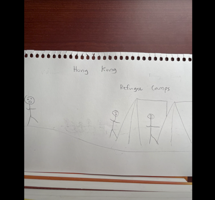Pencil drawings of three stick figures, two near tents, with the words, "Hong Kong" and "refugee camps" written. You can see the faint outline of previous drawings been erased on the paper.