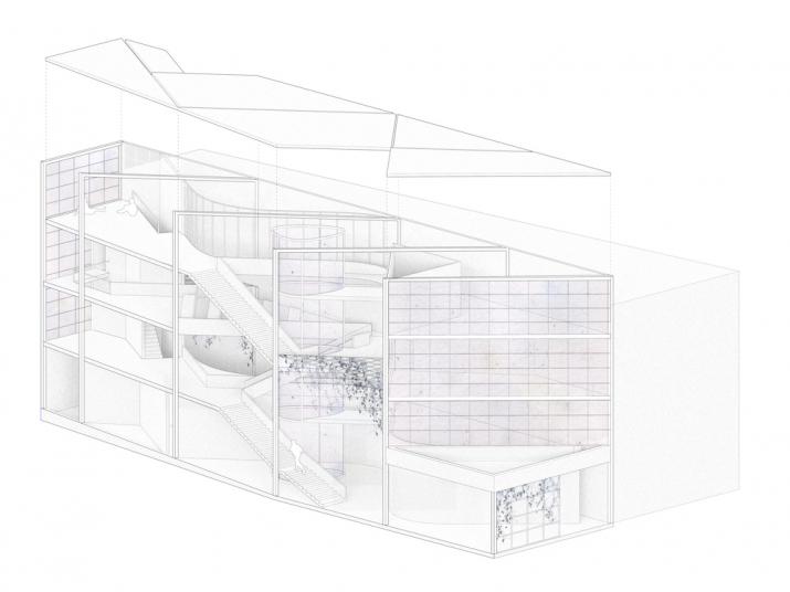 Graphic architectural representation of a four story building with stairs, hanging foliage, and people resting