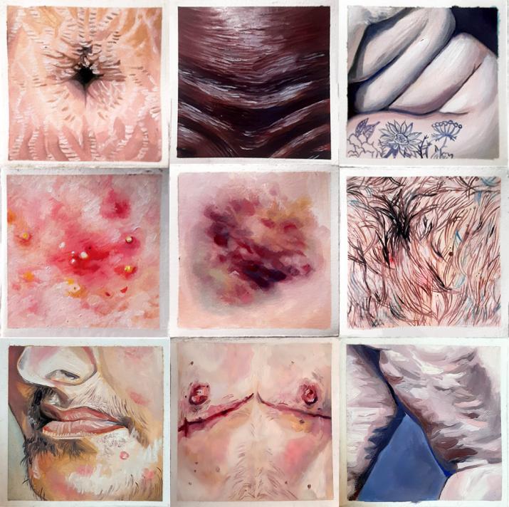 nine small paintings of different portions of the body arranged to form a larger square.