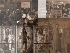 Collage of images of black Americans protesting and people shown as divine figures.