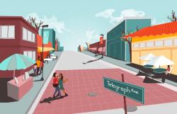 colorful Illustration of telegraph avenue, pink crosswalk and pedestrian friendly street shown.